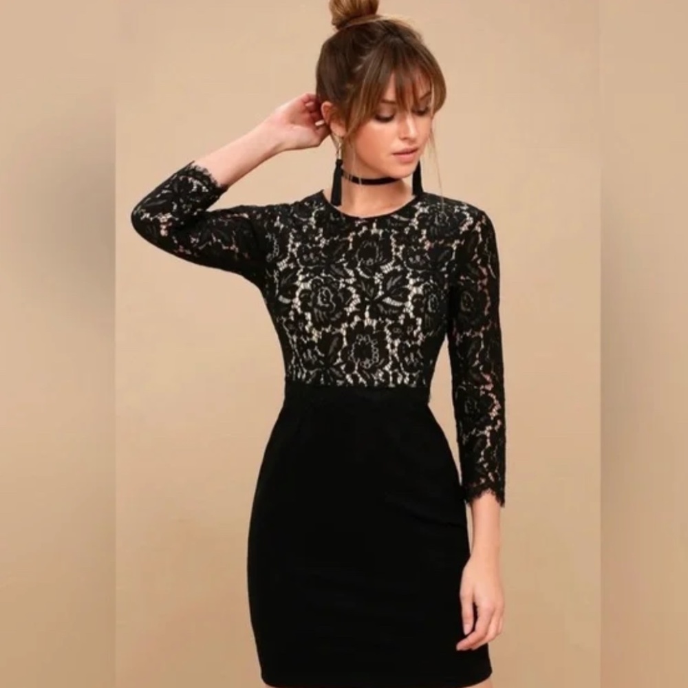 Lulu’s She Knows Black Lace Cocktail Mini Dress Long Sleeves Size Large NWT
